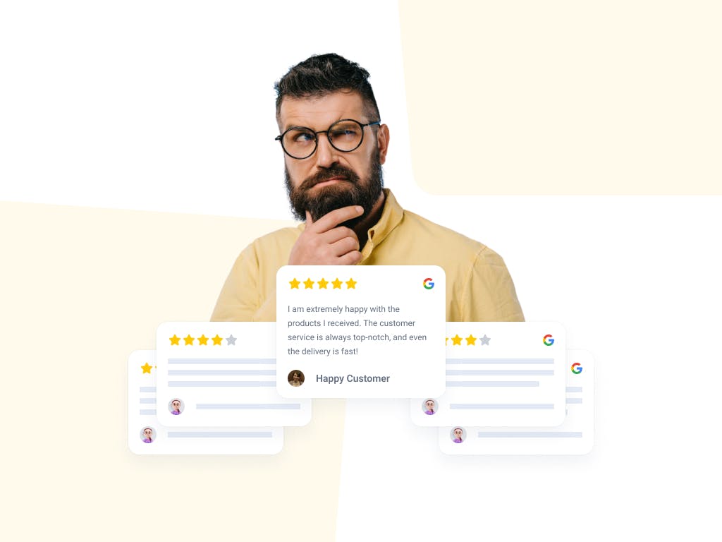 bearded man suspicious about reviews