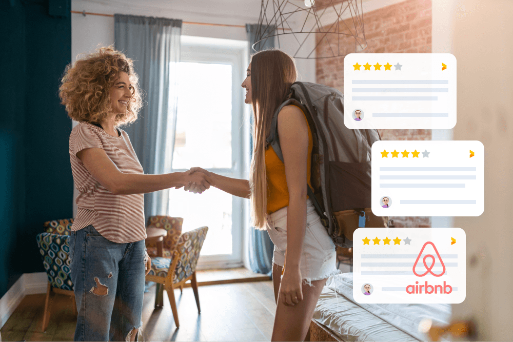 hostess shaking hands with a traveler in an apartment, reviews flowing around them