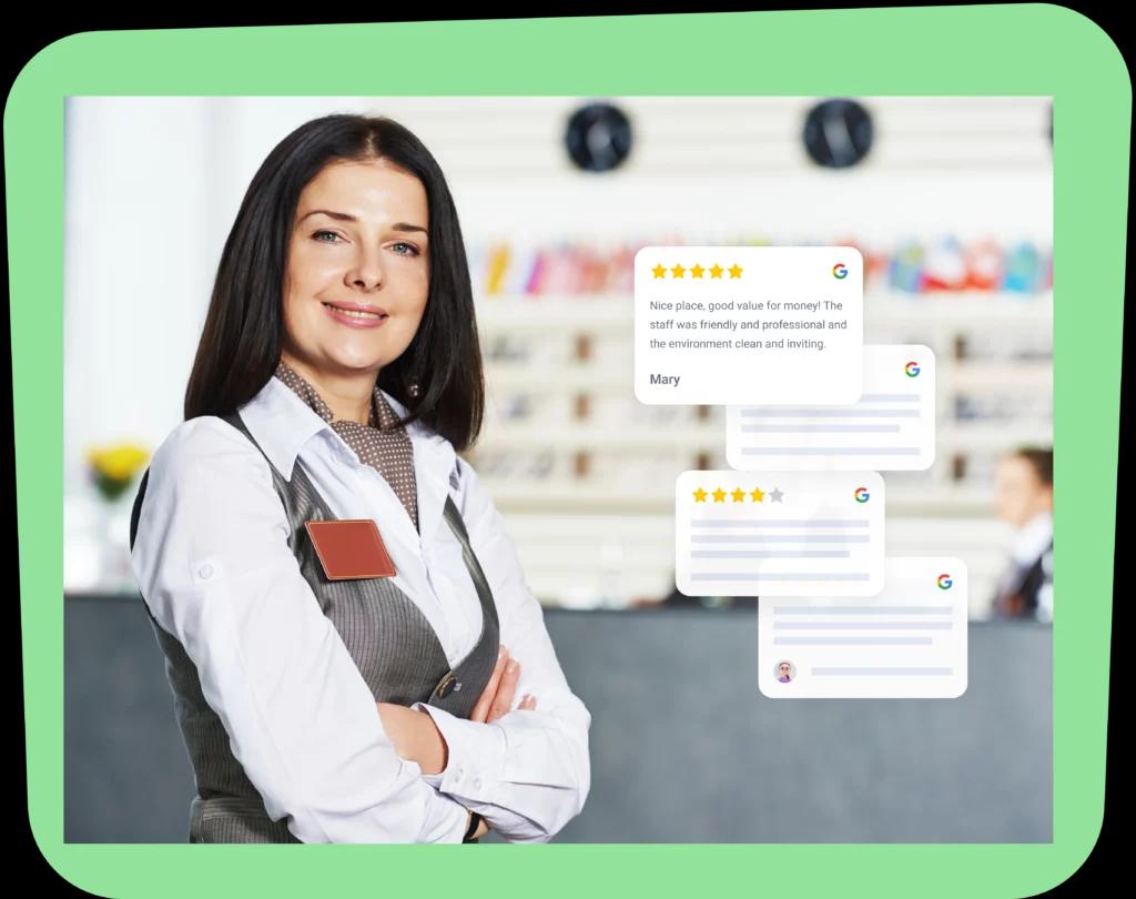 hotel manager with reviews on green background