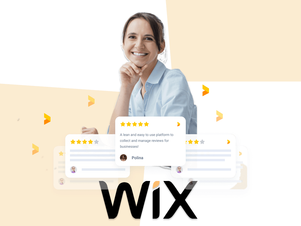 woman smiling, reviews floating above a wix logo