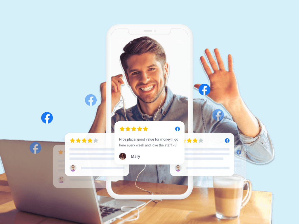 facebook reviews and a waving man