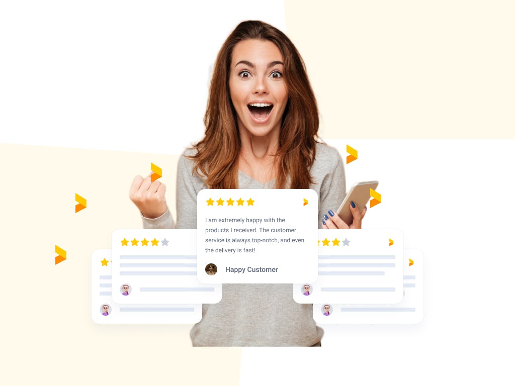 overjoyed and surprised woman surrounded by reviews and Trustmary logos, looking at the viewer and holding phone on one hand
