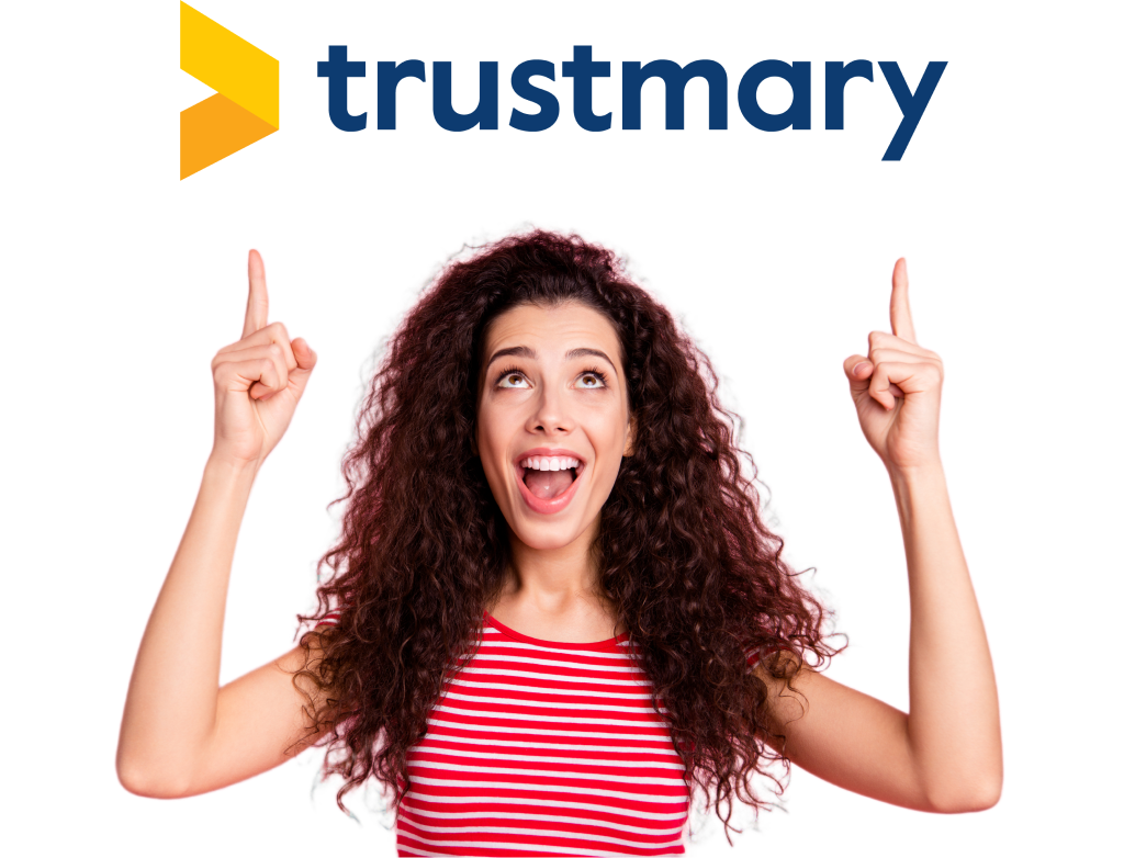 woman pointing up to trustmary logo