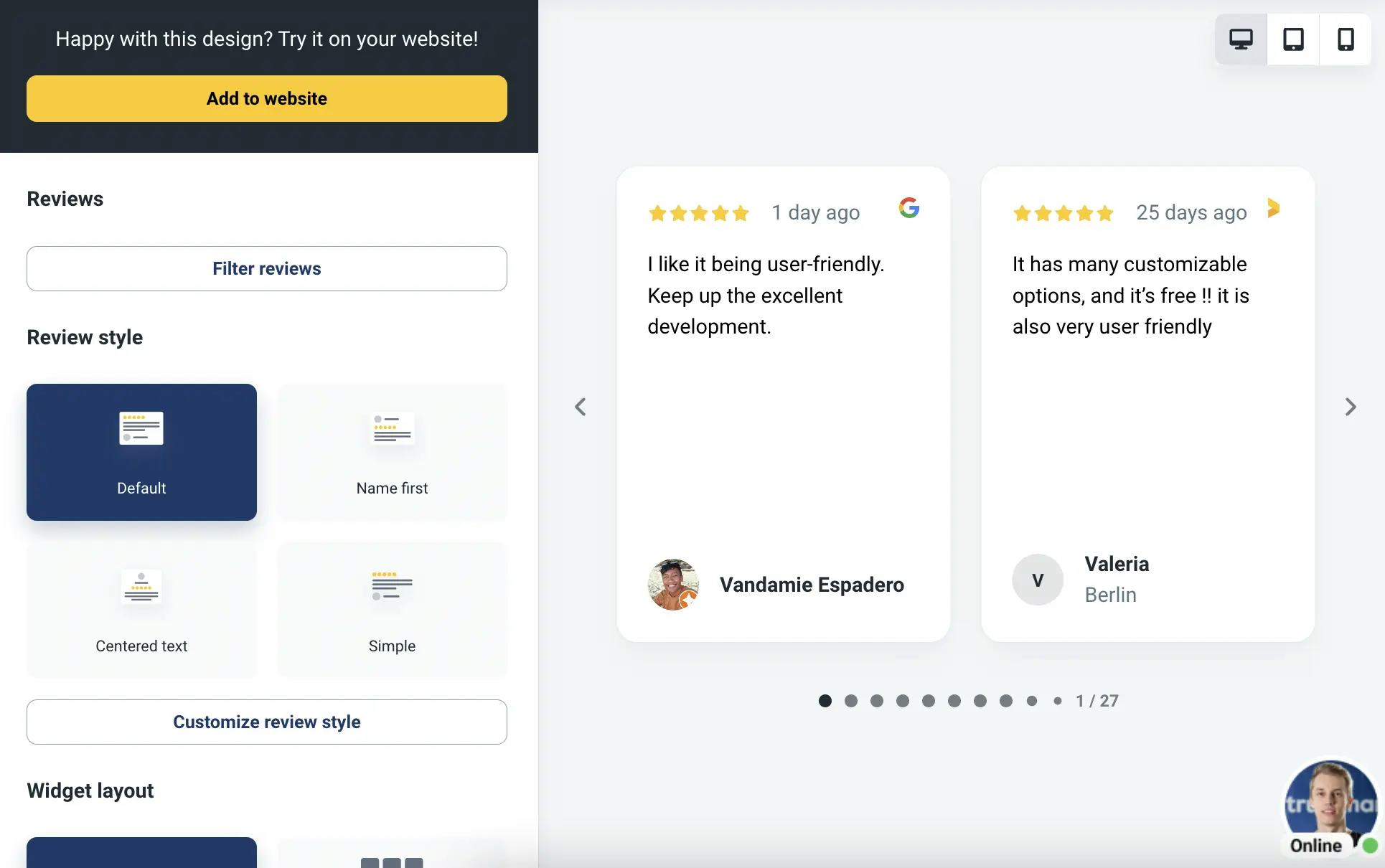 edit and customize your google review widget in an easy to use widget editor