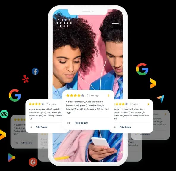 reviews and review site logos swirling around two peopke who re looking at a mobile phone