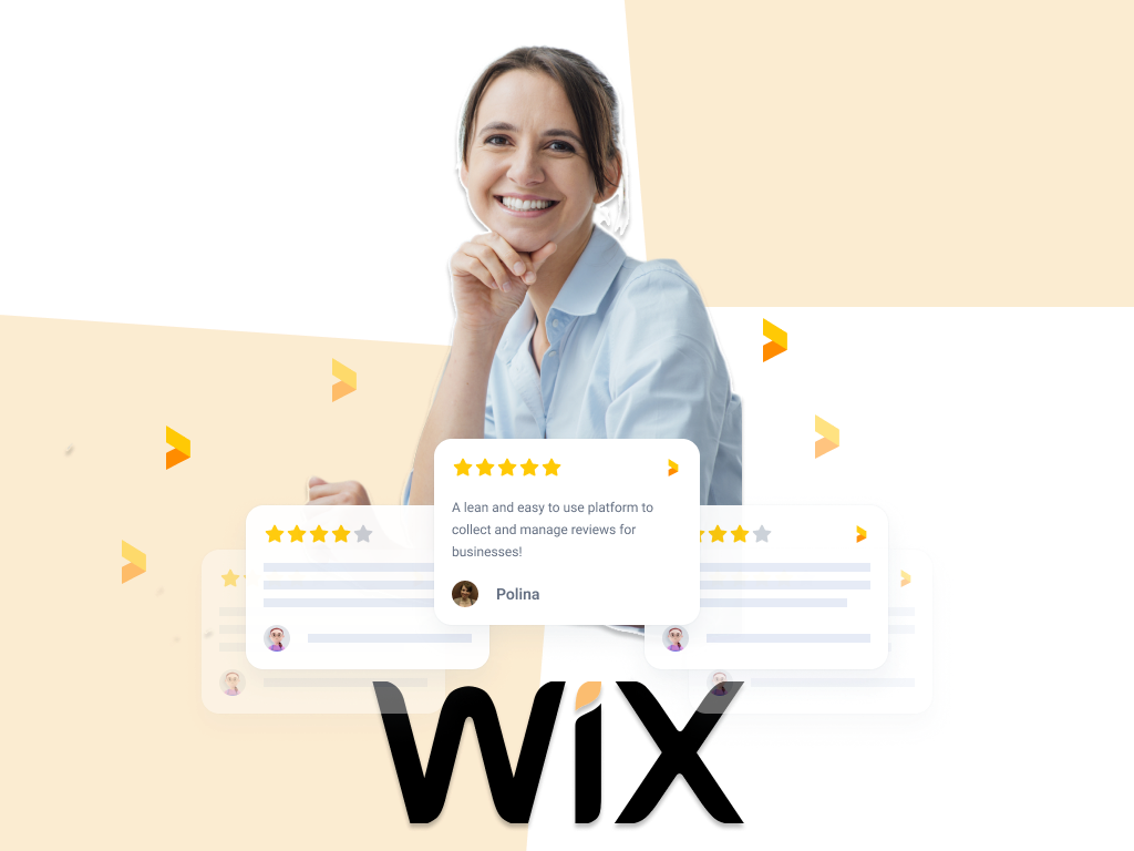 woman smiling, reviews floating above a wix logo