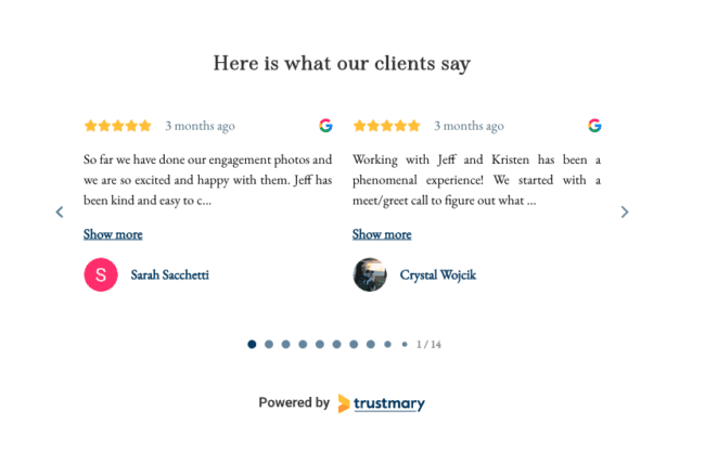 Beispiel für ein Google-Bewertungs-Widget auf einer Website für einen Fotografen