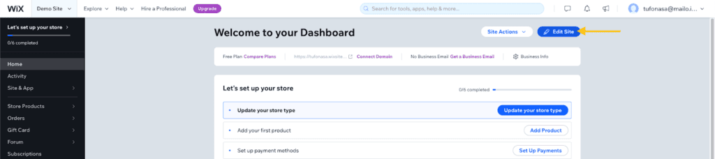 navigate to wix dashboard
