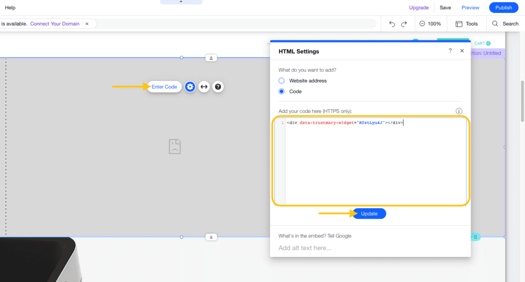enter google review widget code to wix