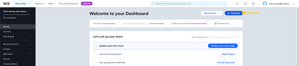 Navigieren Sie zu Wix Dashboard