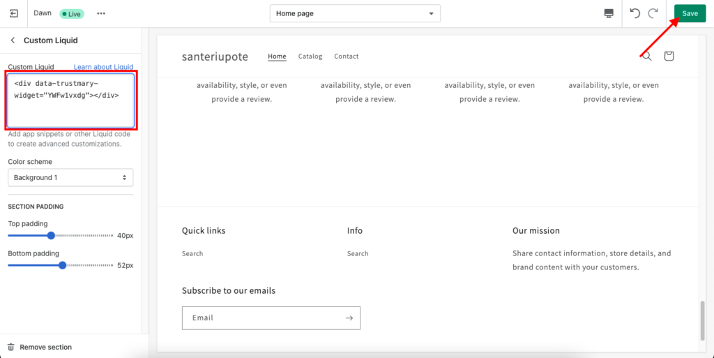 embed code to add customer reviews to shopify website