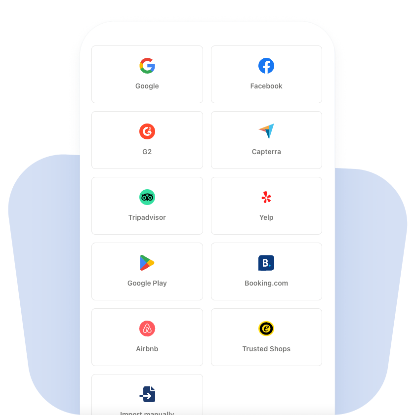 import reviews from Google, Facebook, Yelp, Capterra, G2, Tripadvisor, Google Play, or Excel