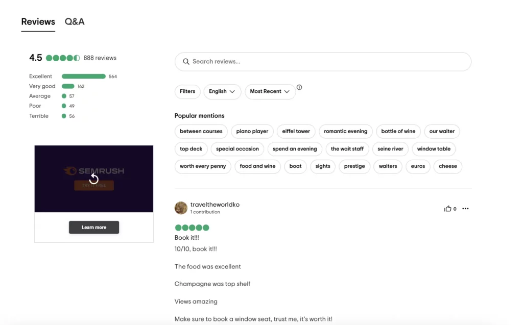 Tripadvisor shows some popular keywords that appear in reviews for a cruise