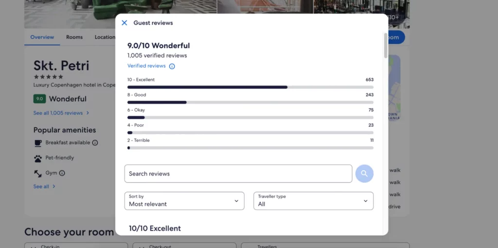 Expedia features a lot of reviews but doesn't highlight them very strongly in the listing