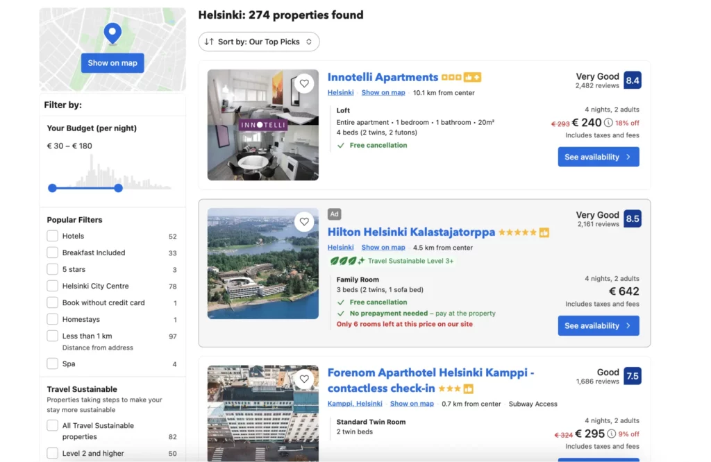 Booking.com offers a detailed search for the best hotels