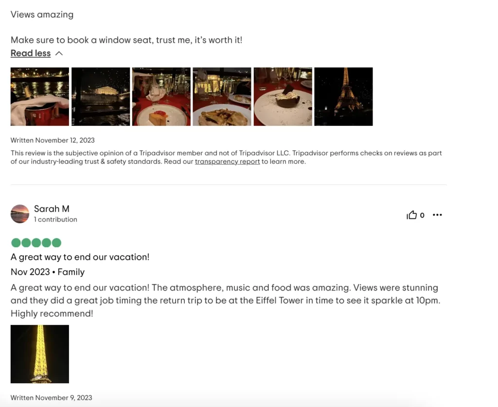 The actual reviews on TripAdvisor include text reviews as well as images of the experience