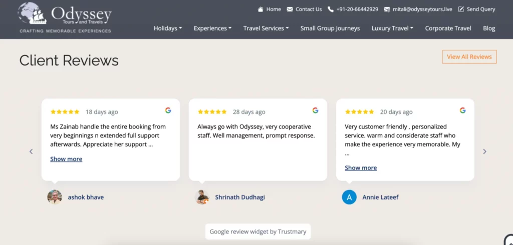 Odyssey travels has implemented reviews on their website with Trustmary's Google review widget
