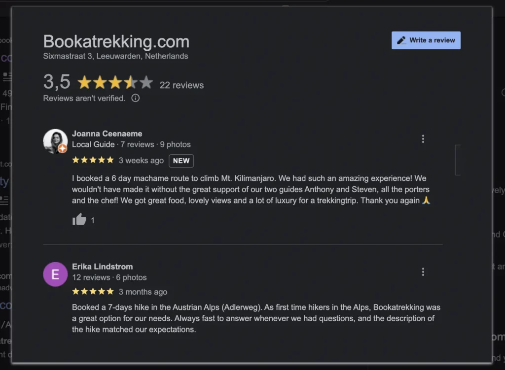 Google reviews for travael agency bookatrekking
