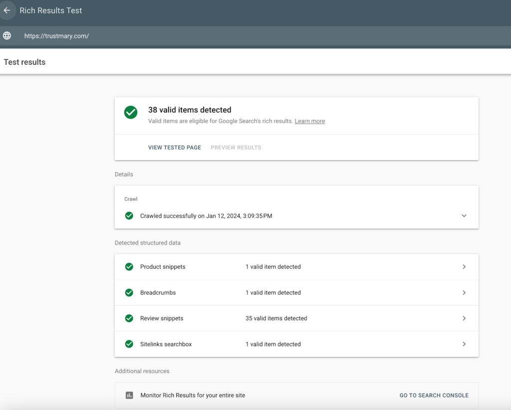 rich results test example with review snippets and product snippets