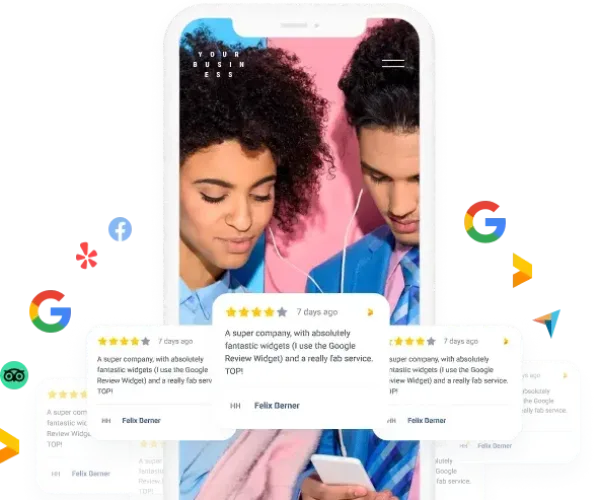 reviews and review site logos swirling around two peopke who re looking at a mobile phone