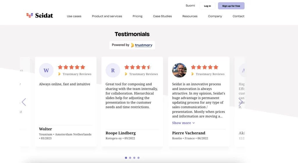 Seidat testimonials on website
