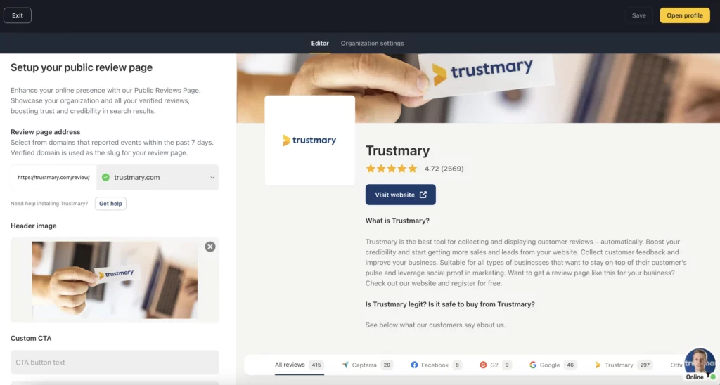 edit review profile page settings and add your company details