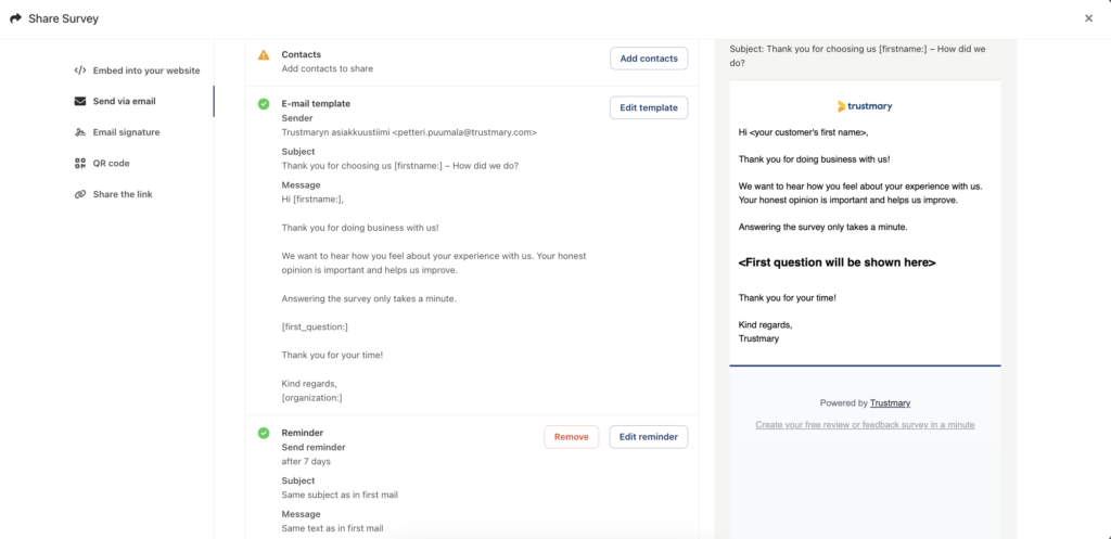 screenshot from the sending tab where you can edit the messages and reminders