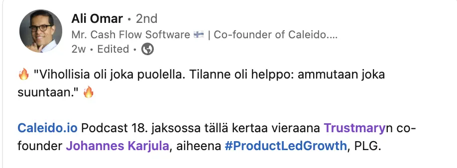 ali omar linkedin päivitys jossa mainitaan Johanneksen jakso