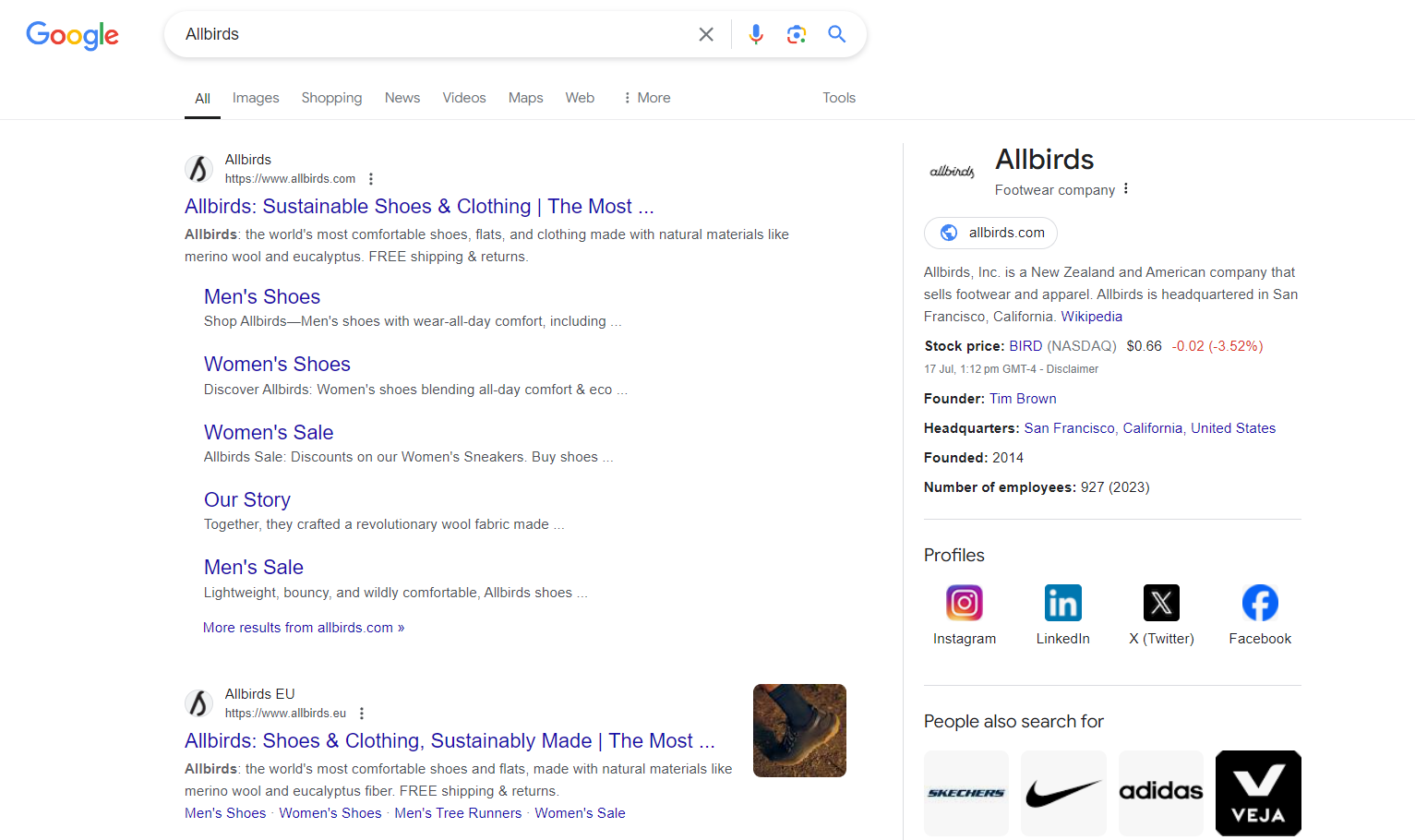 Allbirds google business profile in search