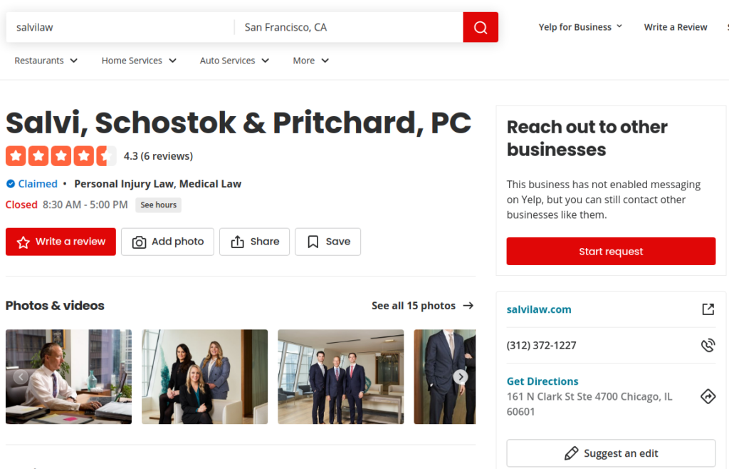 Screenshot from a law practice's Yelp page