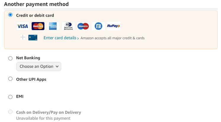 screenshot from amazon payment methods