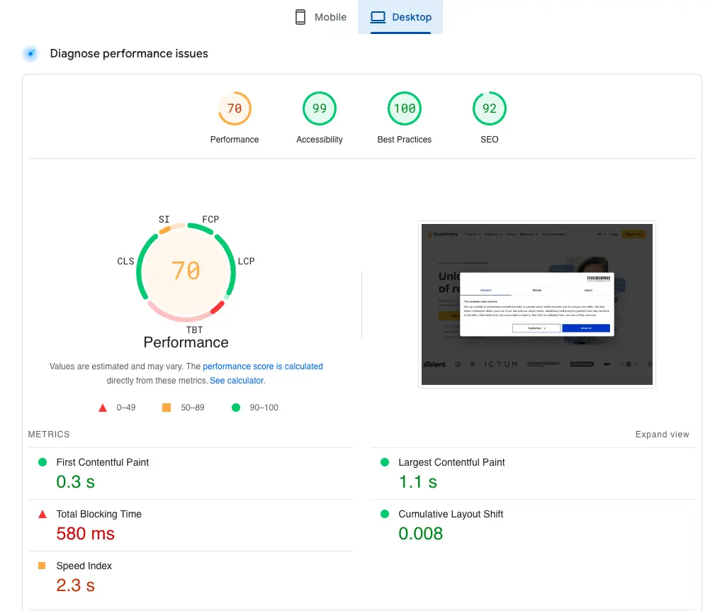Trustmary's page speed insights