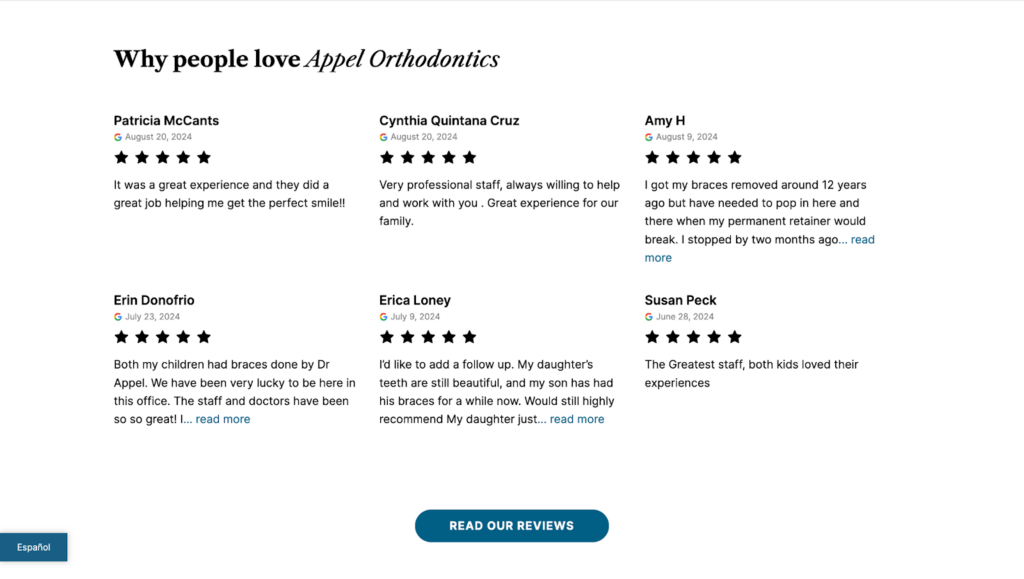 screenshot from appel orthodontics review page