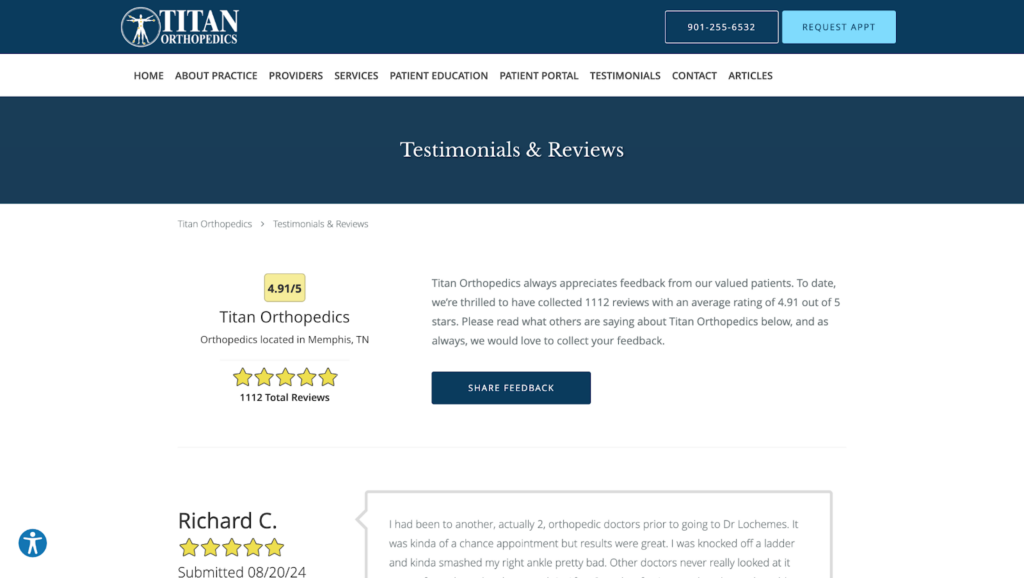 screenshot from titan orthopedics' testimonials and reviews