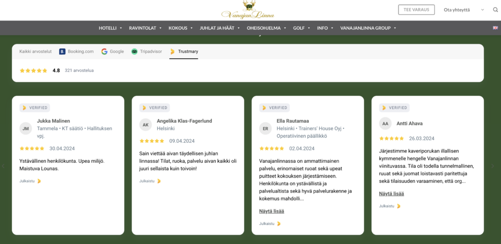reviews should be placed on the services' sub-pages in a targeted way