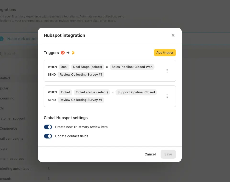 Integrate Trustmary and HubSpot in just a few clicks