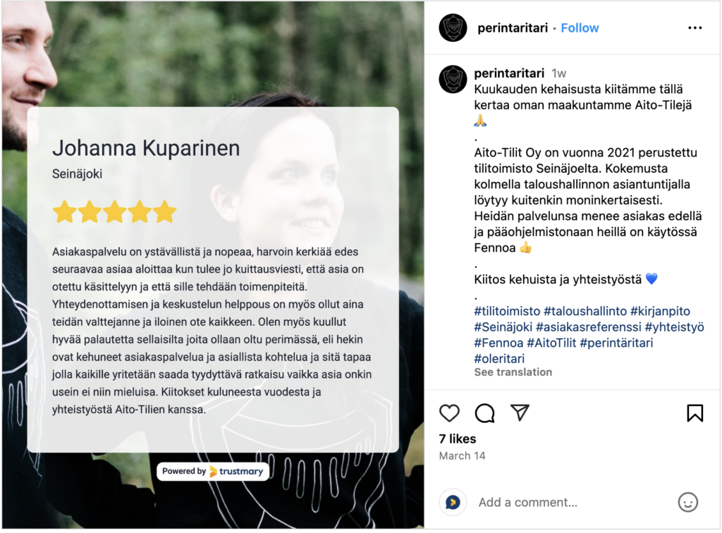 esimerkki asiakaspalautteen jakamisesta sosiaalisessa mediassa